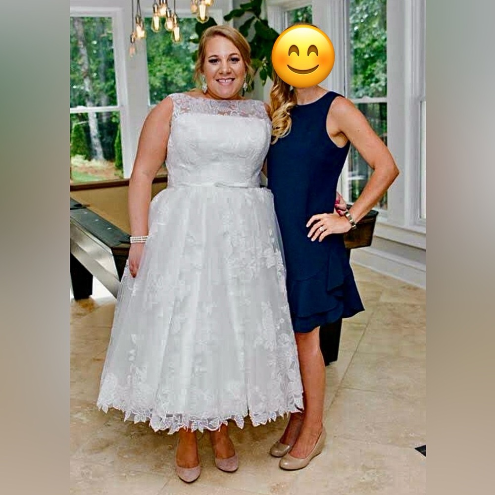 White Tea Length Lace Wedding Gown